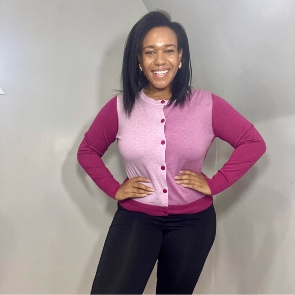 ORVIS Cardigan Knit Button Sweater Top Purple Career Casual Business Colorblock - Picture 1 of 8
